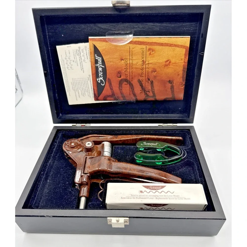 Vintage Screwpull LM-200 Lever Wine Opener Set Faux Burl Wood Le Creuset